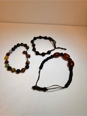 Lot of 3 Adjustable Beaded Bracelets Black Orange Mixed Stone Style Unisex